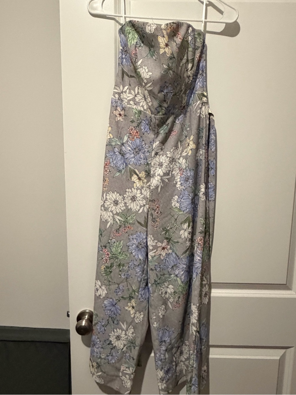 H&M Strapless Floral Jumpsuit in Gray with Blue, White & Green Print